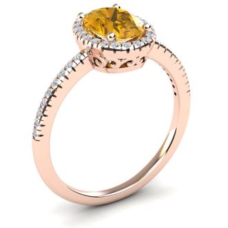 1 1/4 Carat Oval Shape Citrine and Halo Diamond Ring In 14 Karat Rose Gold