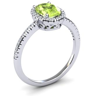 1 1/2 Carat Oval Shape Peridot and Halo Diamond Ring In 14 Karat White Gold