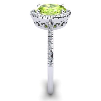 1 1/2 Carat Oval Shape Peridot and Halo Diamond Ring In 14 Karat White Gold