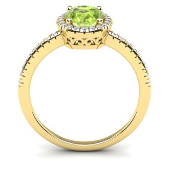1 1/2 Carat Oval Shape Peridot and Halo Diamond Ring In 14 Karat Yellow Gold