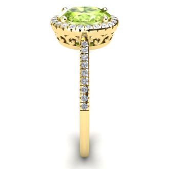 1 1/2 Carat Oval Shape Peridot and Halo Diamond Ring In 14 Karat Yellow Gold