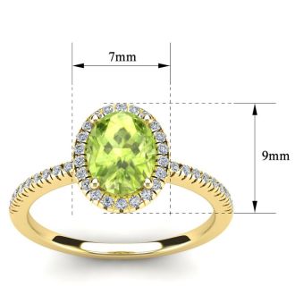 1 1/2 Carat Oval Shape Peridot and Halo Diamond Ring In 14 Karat Yellow Gold