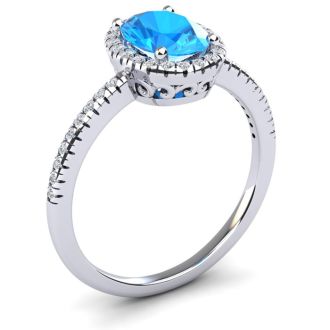 1 3/4 Carat Oval Shape Blue Topaz and Halo Diamond Ring In 14 Karat White Gold