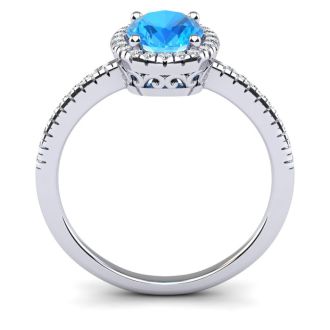 1 3/4 Carat Oval Shape Blue Topaz and Halo Diamond Ring In 14 Karat White Gold