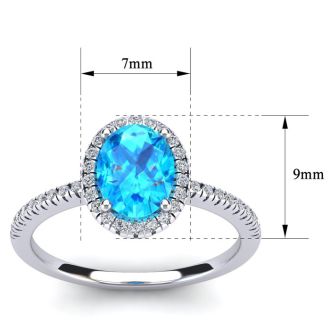 1 3/4 Carat Oval Shape Blue Topaz and Halo Diamond Ring In 14 Karat White Gold