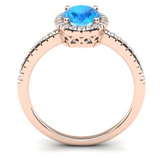 1 3/4 Carat Oval Shape Blue Topaz and Halo Diamond Ring In 14 Karat Rose Gold