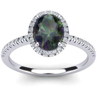 1-3/4 Carat Oval Shape Mystic Topaz Ring With Diamond Halo In 14 Karat White Gold