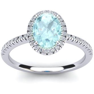 Aquamarine Ring: Aquamarine Jewelry: 1 1/3 Carat Oval Shape Aquamarine and Halo Diamond Ring In 14 Karat White Gold