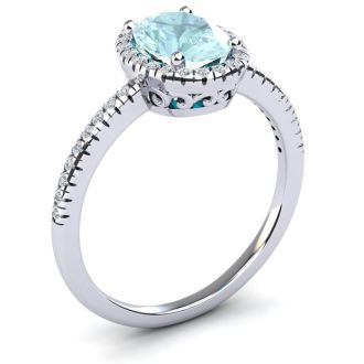 1 1/3 Carat Oval Shape Aquamarine and Halo Diamond Ring In 14 Karat White Gold