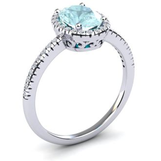 Aquamarine Ring: Aquamarine Jewelry: 1 1/3 Carat Oval Shape Aquamarine and Halo Diamond Ring In 14 Karat White Gold