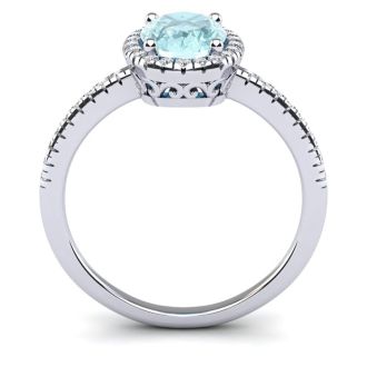 Aquamarine Ring: Aquamarine Jewelry: 1 1/3 Carat Oval Shape Aquamarine and Halo Diamond Ring In 14 Karat White Gold