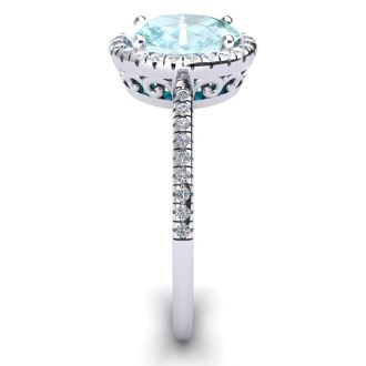 1 1/3 Carat Oval Shape Aquamarine and Halo Diamond Ring In 14 Karat White Gold