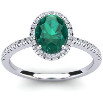 1 1/3 Carat Oval Shape Emerald and Halo Diamond Ring In 14 Karat White Gold