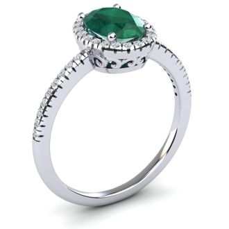 1 1/3 Carat Oval Shape Emerald and Halo Diamond Ring In 14 Karat White Gold