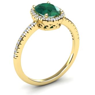 1 1/3 Carat Oval Shape Emerald and Halo Diamond Ring In 14 Karat Yellow Gold