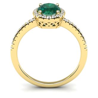 1 1/3 Carat Oval Shape Emerald and Halo Diamond Ring In 14 Karat Yellow Gold