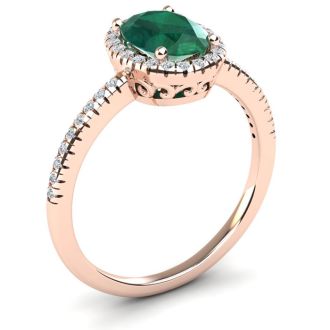 1 1/3 Carat Oval Shape Emerald and Halo Diamond Ring In 14 Karat Rose Gold