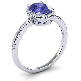 1 1/2 Carat Oval Shape Tanzanite and Halo Diamond Ring In 14 Karat White Gold