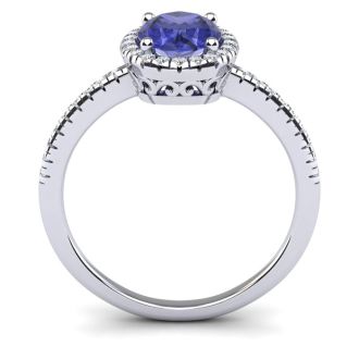 1 1/2 Carat Oval Shape Tanzanite and Halo Diamond Ring In 14 Karat White Gold