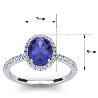 1 1/2 Carat Oval Shape Tanzanite and Halo Diamond Ring In 14 Karat White Gold
