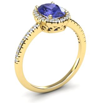 1 1/2 Carat Oval Shape Tanzanite and Halo Diamond Ring In 14 Karat Yellow Gold