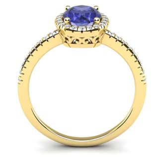 1 1/2 Carat Oval Shape Tanzanite and Halo Diamond Ring In 14 Karat Yellow Gold