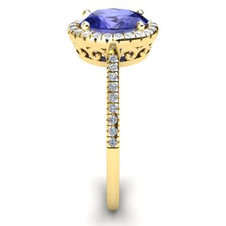 1 1/2 Carat Oval Shape Tanzanite and Halo Diamond Ring In 14 Karat Yellow Gold