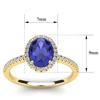 1 1/2 Carat Oval Shape Tanzanite and Halo Diamond Ring In 14 Karat Yellow Gold