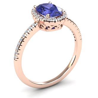 1 1/2 Carat Oval Shape Tanzanite and Halo Diamond Ring In 14 Karat Rose Gold