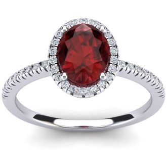 Garnet Ring: Garnet Jewelry: 1 3/4 Carat Oval Shape Garnet and Halo Diamond Ring In 14 Karat White Gold