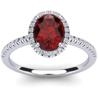 Garnet Ring: Garnet Jewelry: 1 3/4 Carat Oval Shape Garnet and Halo Diamond Ring In 14 Karat White Gold