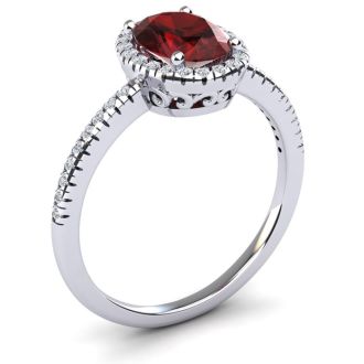 Garnet Ring: Garnet Jewelry: 1 3/4 Carat Oval Shape Garnet and Halo Diamond Ring In 14 Karat White Gold