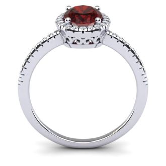 Garnet Ring: Garnet Jewelry: 1 3/4 Carat Oval Shape Garnet and Halo Diamond Ring In 14 Karat White Gold
