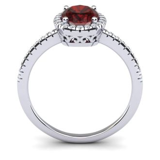 Garnet Ring: Garnet Jewelry: 1 3/4 Carat Oval Shape Garnet and Halo Diamond Ring In 14 Karat White Gold