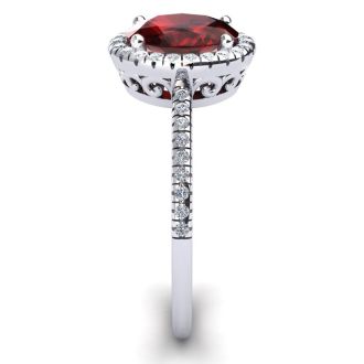 Garnet Ring: Garnet Jewelry: 1 3/4 Carat Oval Shape Garnet and Halo Diamond Ring In 14 Karat White Gold