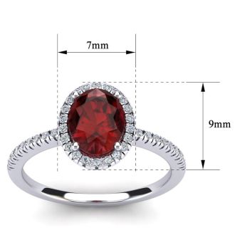 Garnet Ring: Garnet Jewelry: 1 3/4 Carat Oval Shape Garnet and Halo Diamond Ring In 14 Karat White Gold