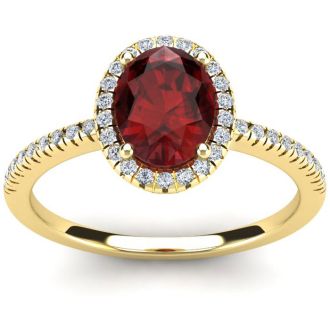 Garnet Ring: Garnet Jewelry: 1 3/4 Carat Oval Shape Garnet and Halo Diamond Ring In 14 Karat Yellow Gold