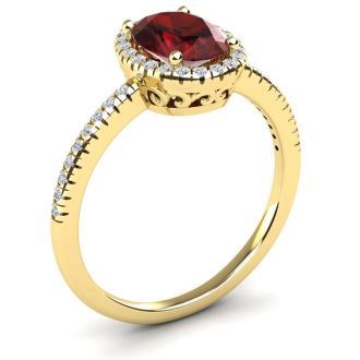 Garnet Ring: Garnet Jewelry: 1 3/4 Carat Oval Shape Garnet and Halo Diamond Ring In 14 Karat Yellow Gold