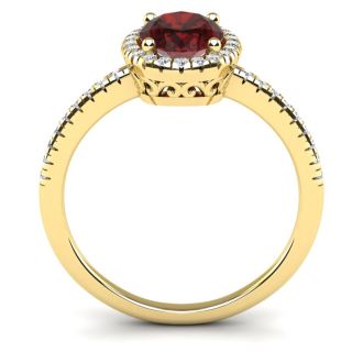 Garnet Ring: Garnet Jewelry: 1 3/4 Carat Oval Shape Garnet and Halo Diamond Ring In 14 Karat Yellow Gold