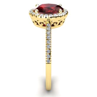 Garnet Ring: Garnet Jewelry: 1 3/4 Carat Oval Shape Garnet and Halo Diamond Ring In 14 Karat Yellow Gold