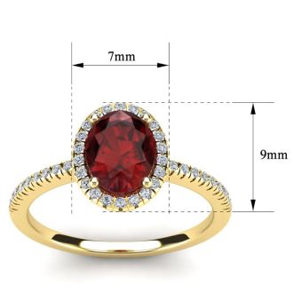 Garnet Ring: Garnet Jewelry: 1 3/4 Carat Oval Shape Garnet and Halo Diamond Ring In 14 Karat Yellow Gold