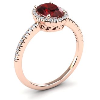 Garnet Ring: Garnet Jewelry: 1 3/4 Carat Oval Shape Garnet and Halo Diamond Ring In 14 Karat Rose Gold