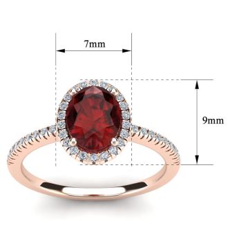 Garnet Ring: Garnet Jewelry: 1 3/4 Carat Oval Shape Garnet and Halo Diamond Ring In 14 Karat Rose Gold