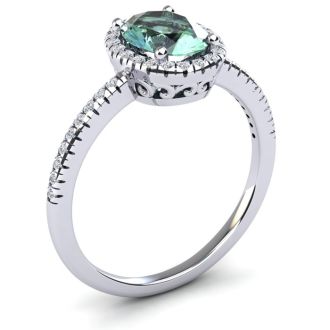 1 1/4 Carat Oval Shape Green Amethyst and Halo Diamond Ring In 14 Karat White Gold