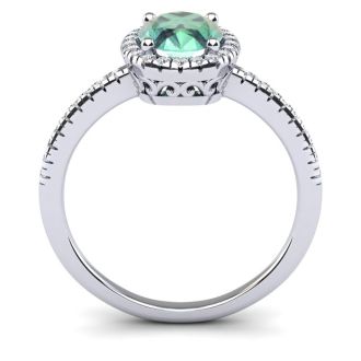 1 1/4 Carat Oval Shape Green Amethyst and Halo Diamond Ring In 14 Karat White Gold