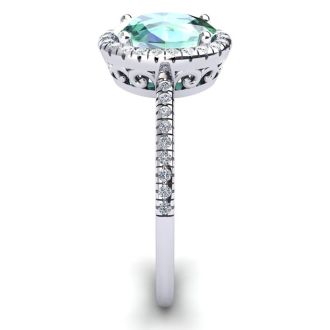 1 1/4 Carat Oval Shape Green Amethyst and Halo Diamond Ring In 14 Karat White Gold