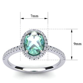 1 1/4 Carat Oval Shape Green Amethyst and Halo Diamond Ring In 14 Karat White Gold