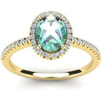 1 1/4 Carat Oval Shape Green Amethyst and Halo Diamond Ring In 14 Karat Yellow Gold