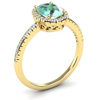1 1/4 Carat Oval Shape Green Amethyst and Halo Diamond Ring In 14 Karat Yellow Gold