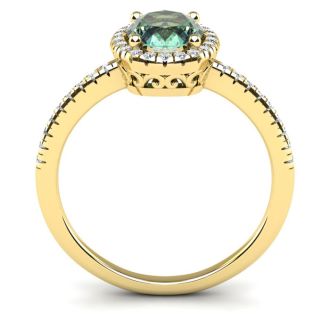 1 1/4 Carat Oval Shape Green Amethyst and Halo Diamond Ring In 14 Karat Yellow Gold